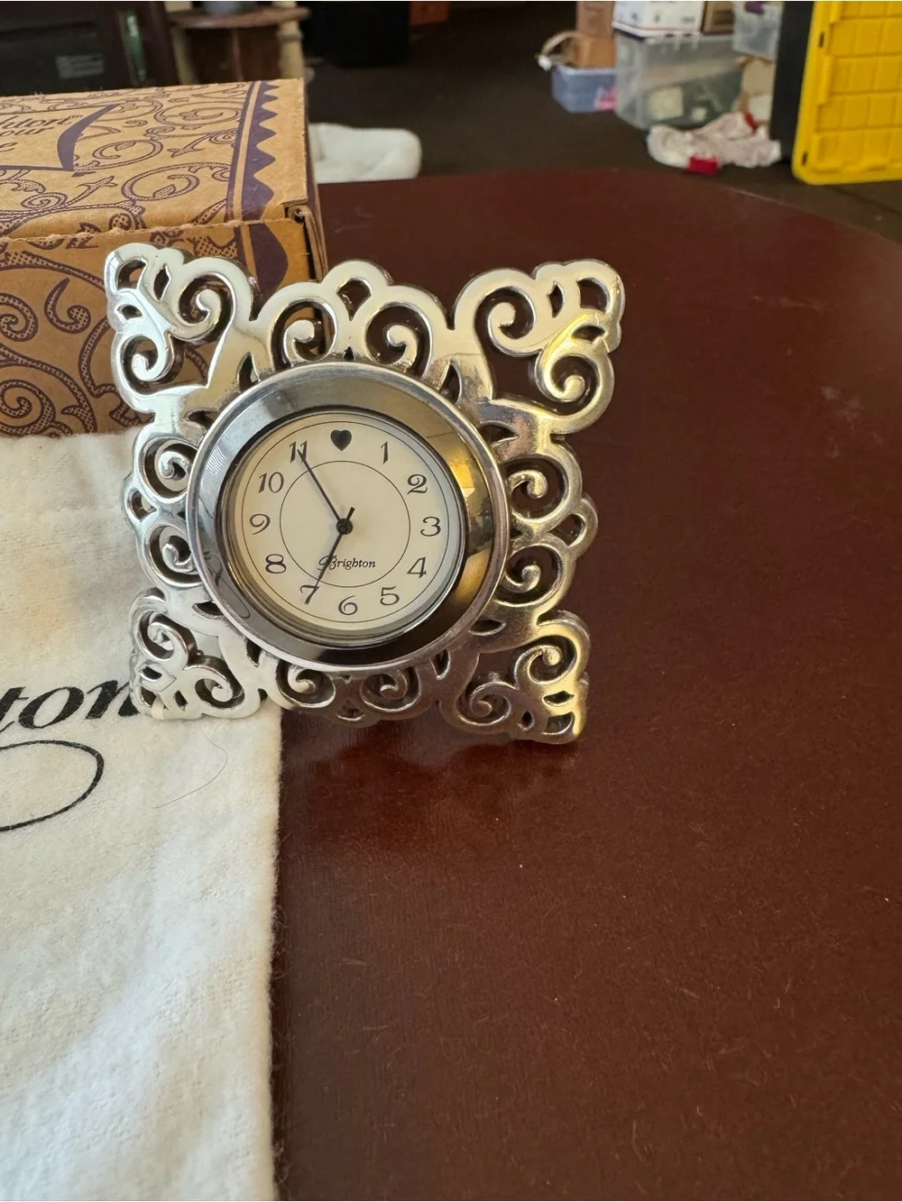 Brighton Silver Filigree Miniature Clock with White Pouch